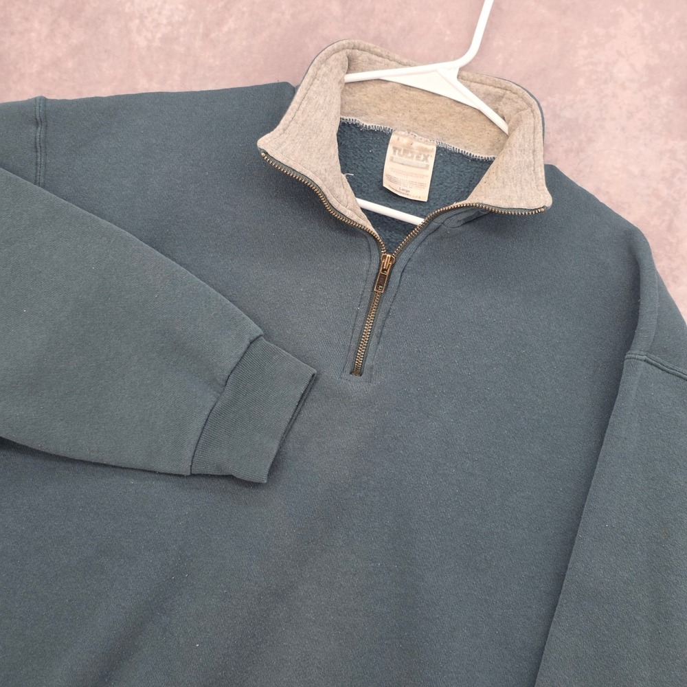Vintage Tultex Quarter Zip Sweatshirt Mens Large Teal Green Pullover Made in USA